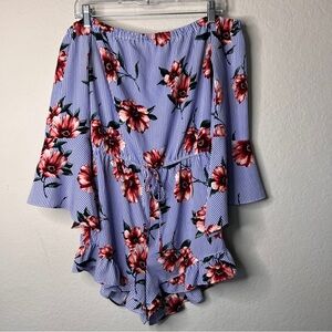 E M Off‑Shoulder Romper Polyester Size Medium Blue White Stripe Floral Casual